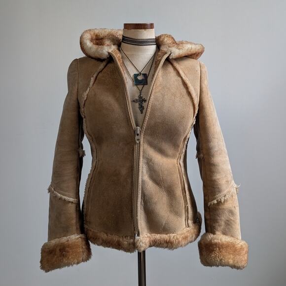 Vintage Jackets & Blazers - Vintage Tan Suede Shearling Coat Brown Wool Jacket Boho Chic Fur Coat Hood XS